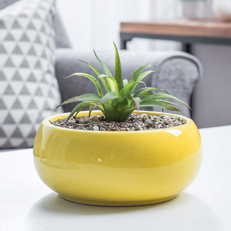 Round Yellow Glazed Ceramic Planter Pot, 7.5 Inch