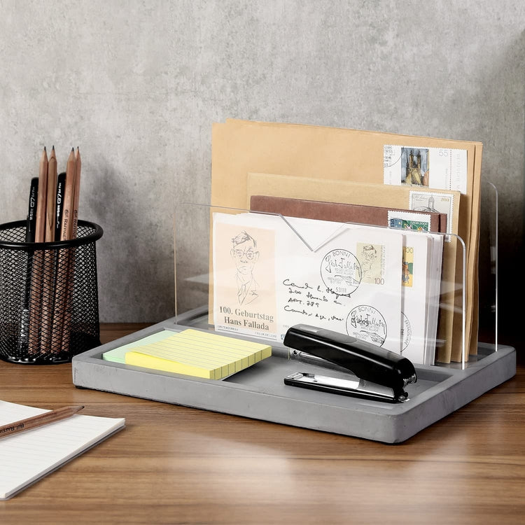Desk Mail Sorter, Industrial Concrete Gray and Clear Acrylic Stationery Organizer, Letter Holder and Supply Storage Tray