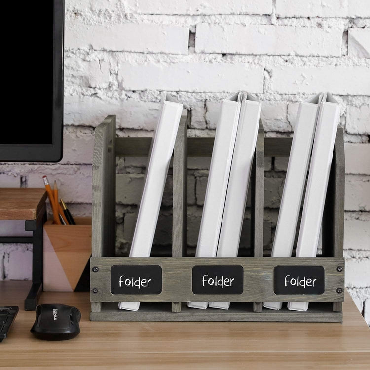 3 Compartment Gray Wood Office File Holder, Document Organizer with Chalkboard Labels-MyGift