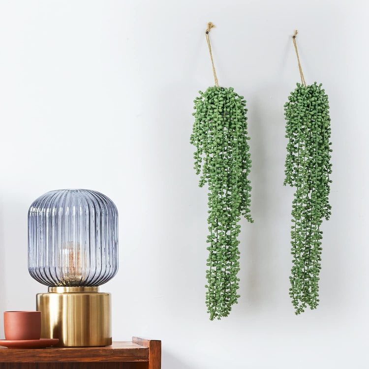 24 Inch String of Pearls Plants Artificial Succulent Plant in Indoor Wall Hanging White Ceramic Plant Pot, Set of 2