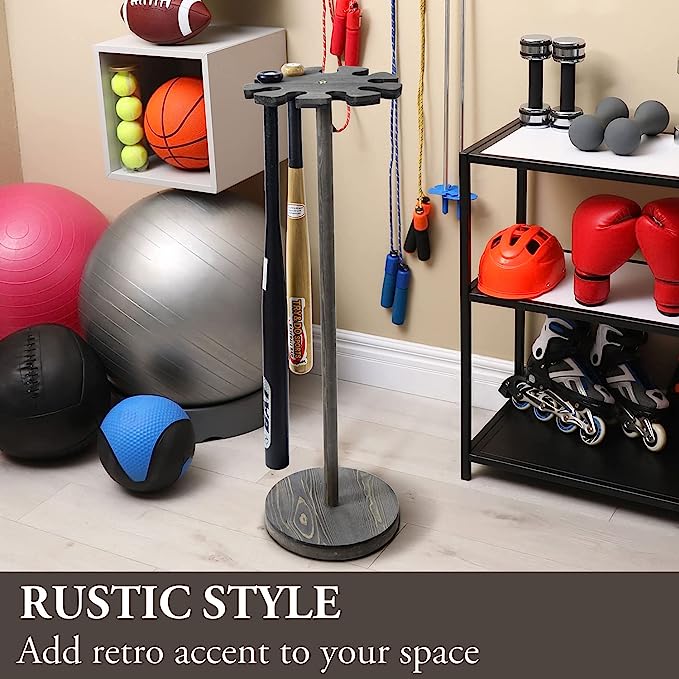 Weathered Gray Baseball Bat Holder Display Rack, Round Wood Freestanding Ball Field Dugout Sport Equipment Storage Stand-MyGift