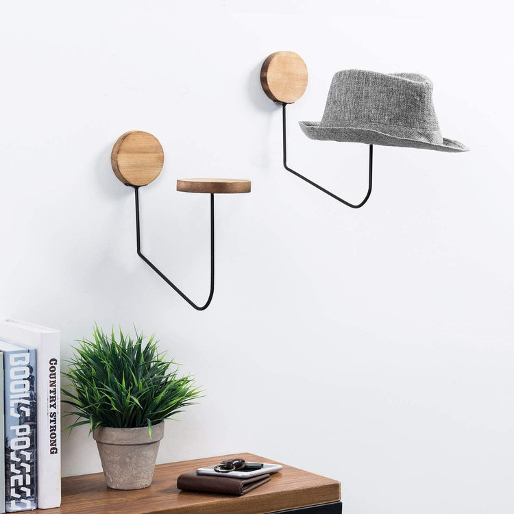 Burnt Brown Wood and Metal Wall Mounted Hat Holders, Set of 2