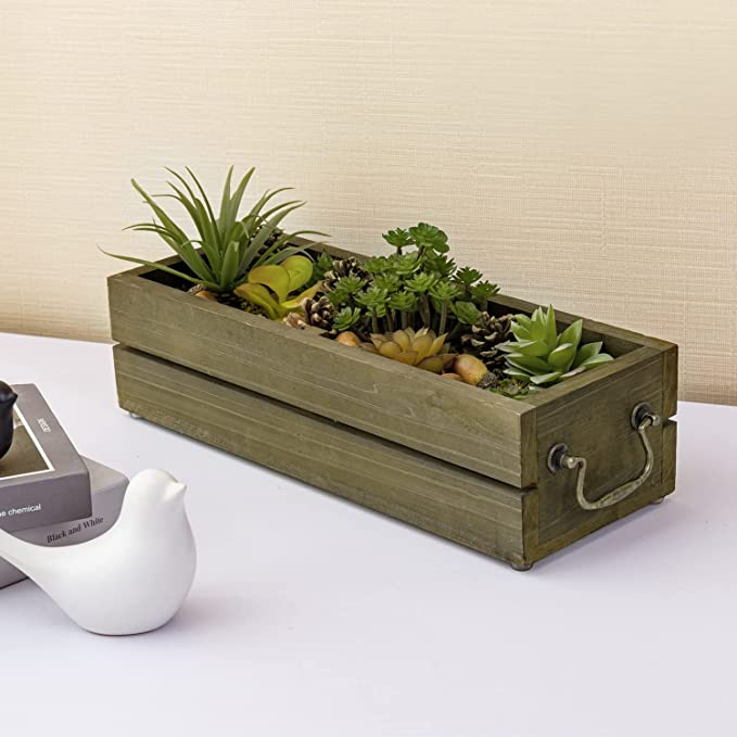Artificial Succulent Plant in Brown Wood Planter, Tabletop Window Plant Box with Vintage Brass Metal Handles