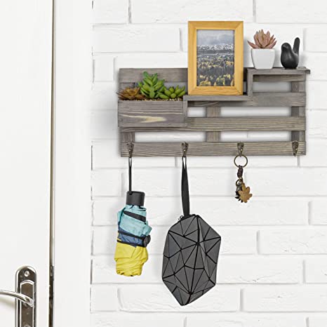 Vintage Gray Wood Key Rack for Wall Entryway with Tiered Shelving and Artificial Succulent Planter Box
