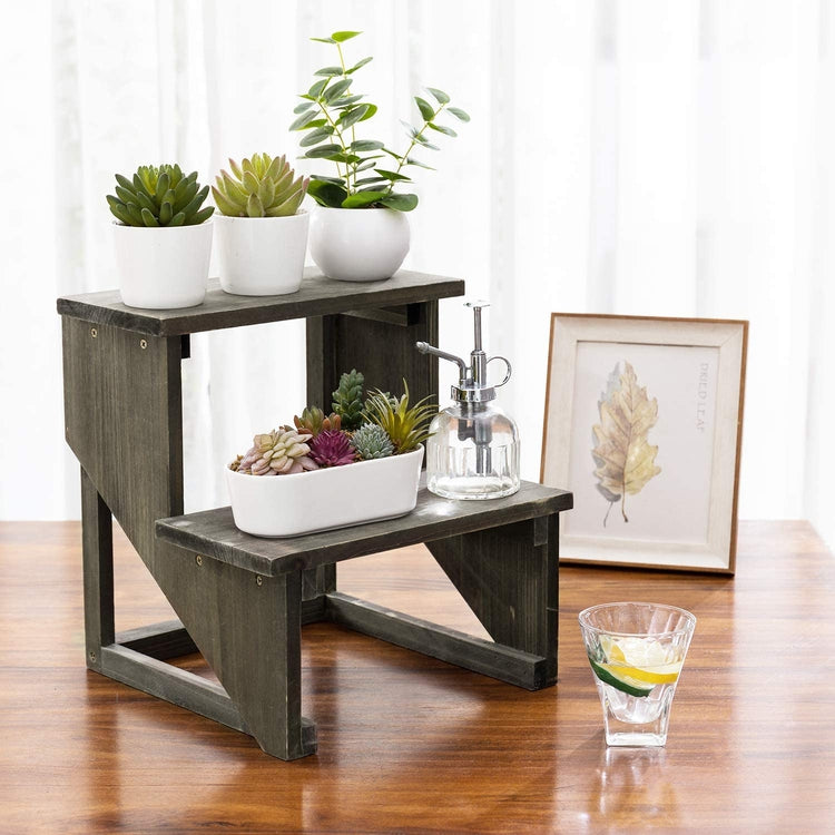2 Tier Rustic Reclaimed Style Dark Gray Wood Flower Pot Planter Stand Riser Display Shelf-MyGift