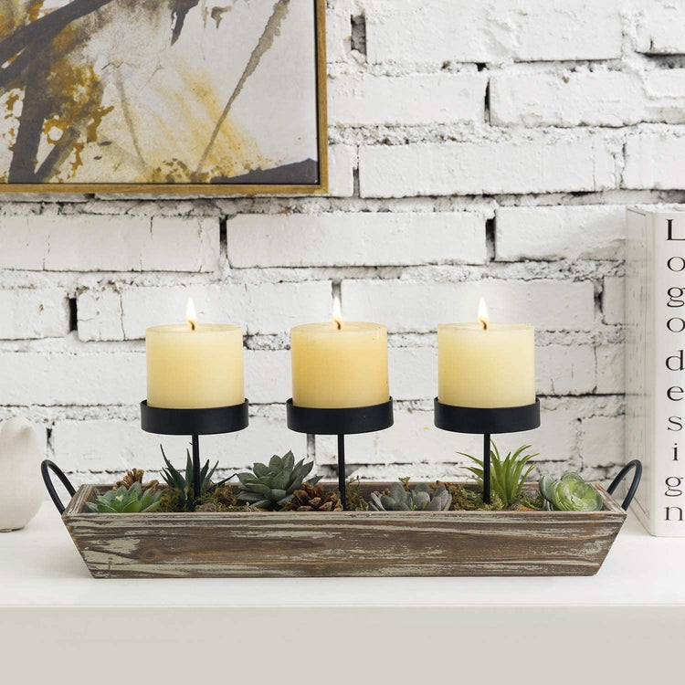 3 Metal Candle Holders with Torched Wood Tray and Artificial Succulent