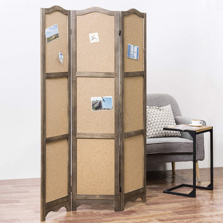 3-Panel Cork Board Room Divider with Brown Wood Frame-MyGift