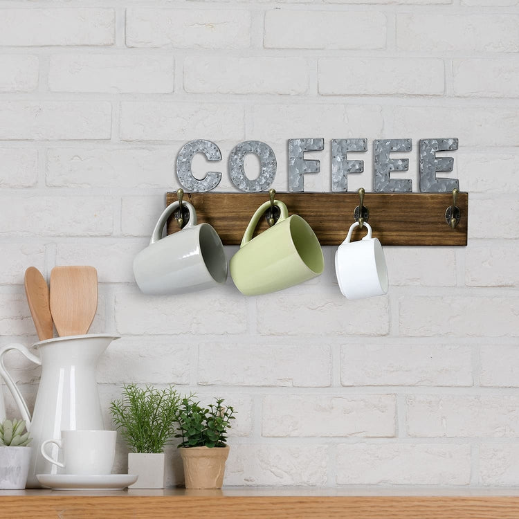 Wall Mounted Coffee Mug Rack with 8 Hooks, Rustic Burnt Wood with Galvanized Silver Metal Hanging COFFEE Sign Cup Holder