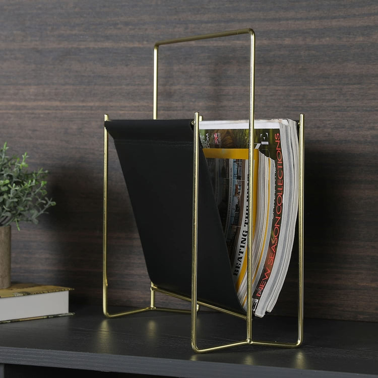 Brass Plated Wire and Black Leatherette Sling Rack, Freestanding Magazine Holder-MyGift