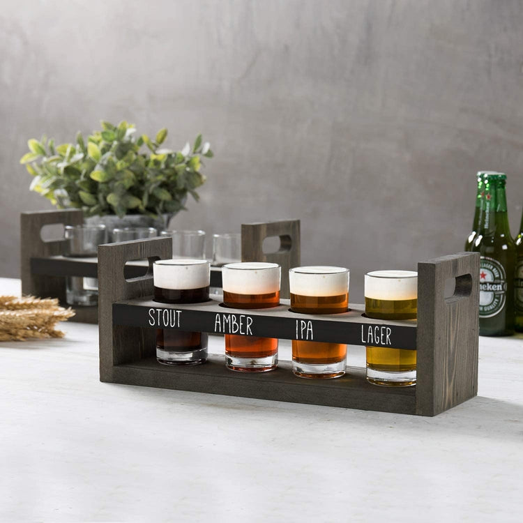 Set of 2, Gray Wood Beer Flight Sampler Serving Tray with Chalkboard Panels & 4 Tasting Glasses-MyGift