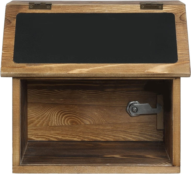 Burnt Wood Locking Suggestion Box with Chalkboard, Clear Front Panel and Top Slot, Restaurant Tip Box, Donation Box-MyGift