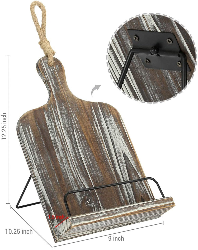 Torched Wood Cutting Board Design Cookbook Stand w/ Rustic Hanging Rope-MyGift