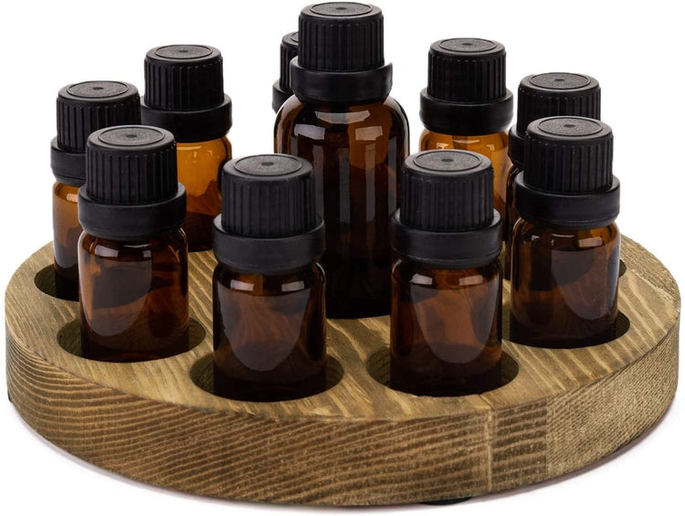 10-Slot Brown Wood Round Essential Oil Bottle Storage Display Rack-MyGift