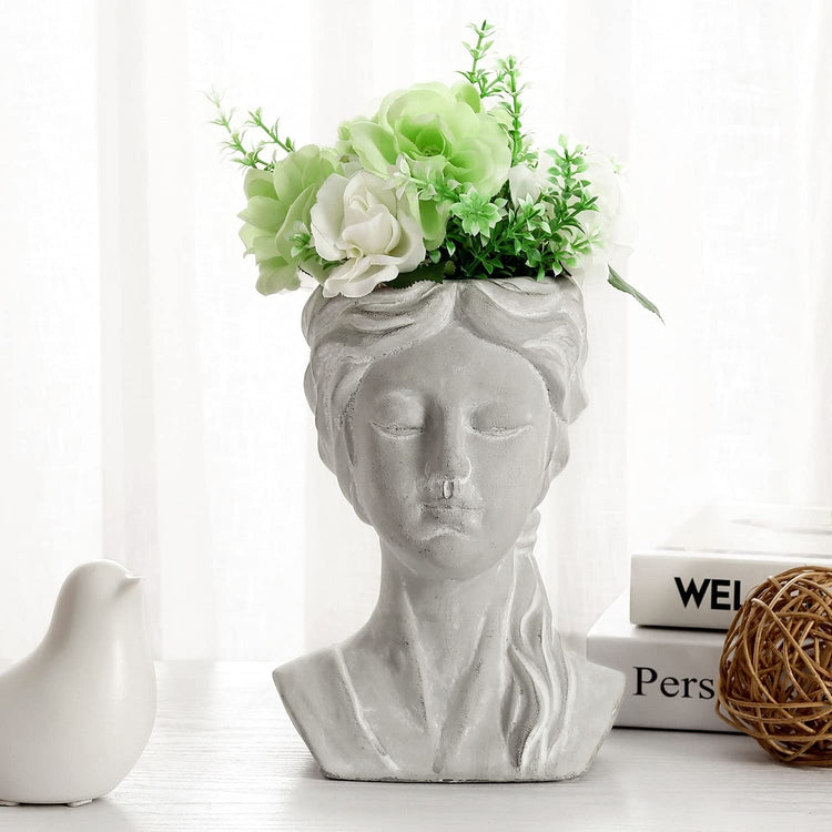 Gray Concrete Goddess Bust Design Engraved Cement Succulent Planter Pot Container, Tabletop Flower Vase