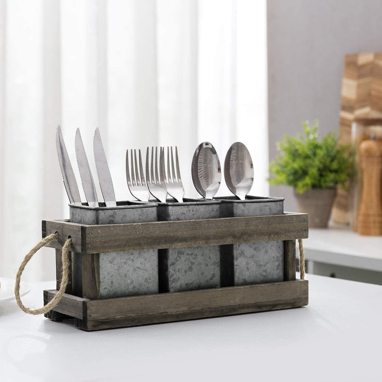 3-Slot Vintage Dark Brown Wood and Galvanized Silver Metal Dining Utensils Holder Server Caddy with Rustic Rope Handles