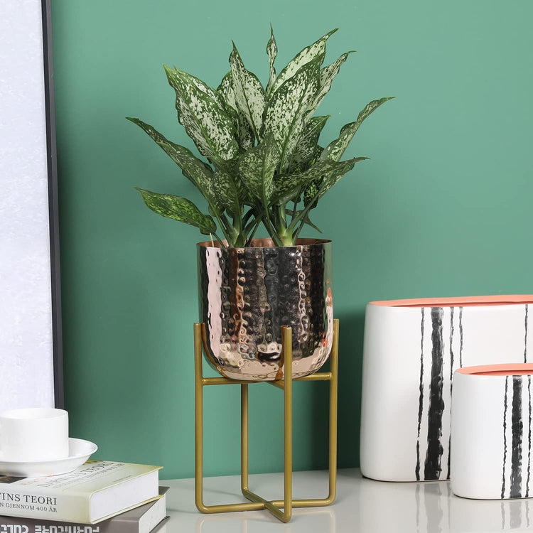 Textured Pattern Copper Tone Metal Round Planter With Bracket Stand