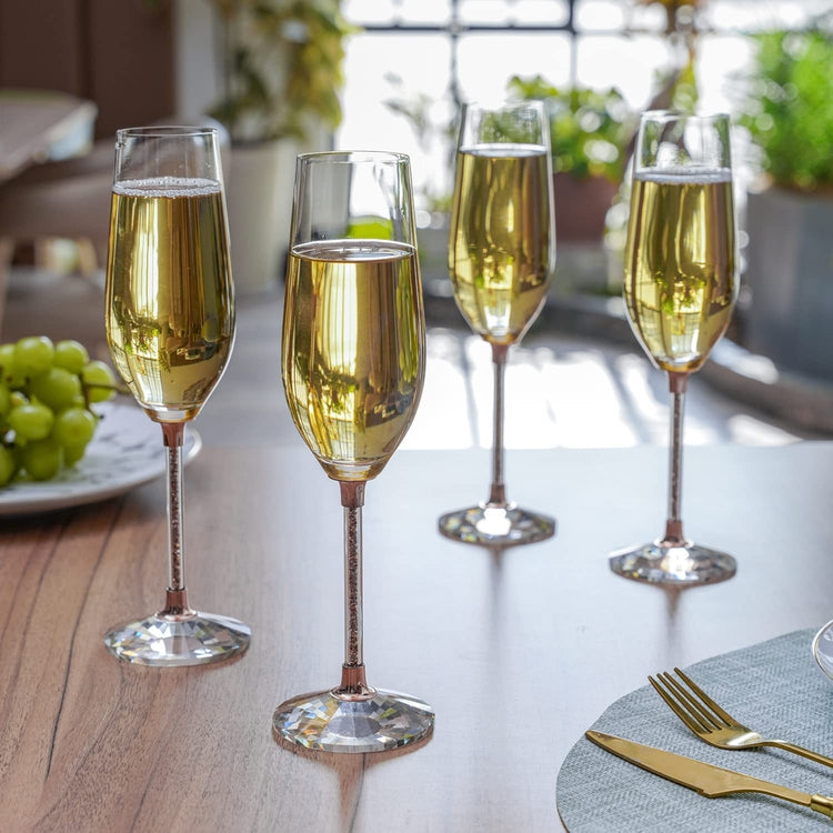 Copper Tone Glass Stemmed Champagne Flutes with Embedded Sparkle Gem Bead Stem Decoration, Set of 4