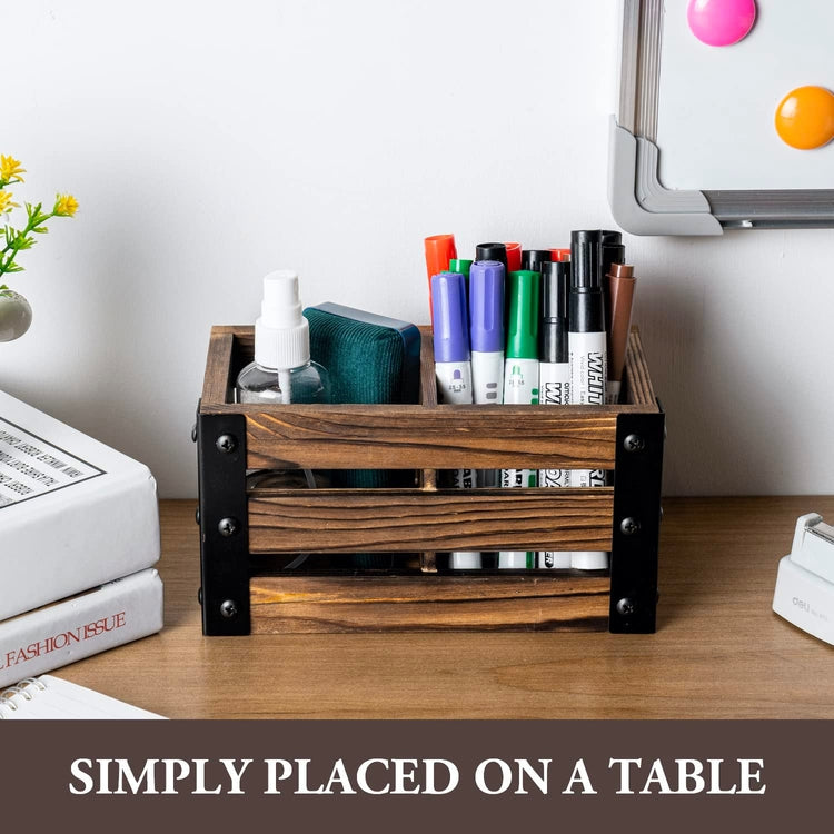Magnetic Burnt Wood Caddy with Matte Black Metal Corner Brackets, Office Stationery Organizer, White Board Marker Basket-MyGift