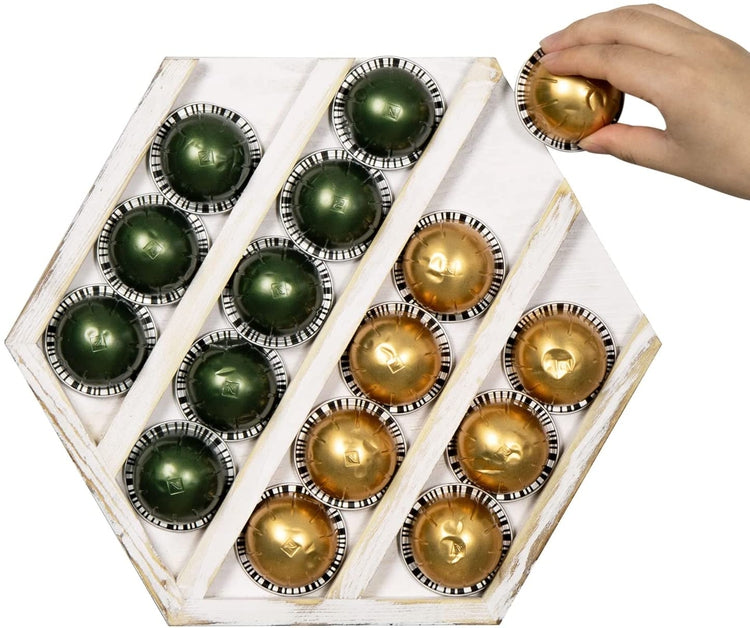 Wall Mounted Coffee Pod Organizer, Whitewashed Wood Hexagonal Coffee Capsules Holder Storage Rack-MyGift