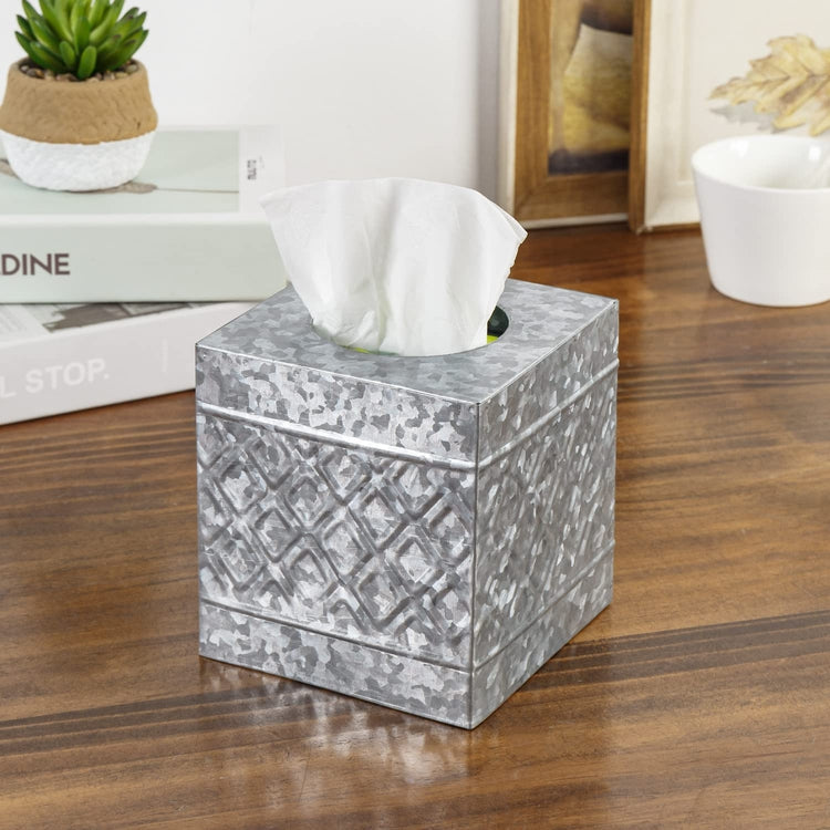 Galvanized Tissue Box Cover, Metal Square Tissue Holder with Diamond Embossed Pattern-MyGift