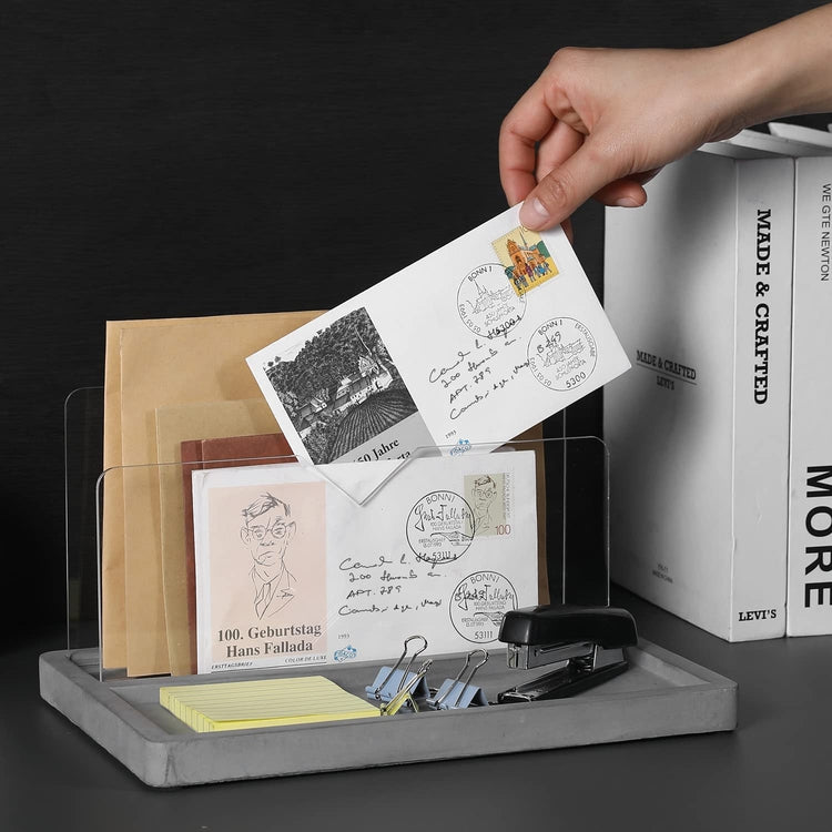 Desk Mail Sorter, Industrial Concrete Gray and Clear Acrylic Stationery Organizer, Letter Holder and Supply Storage Tray-MyGift