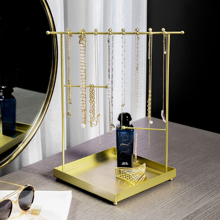 Brass Plated Metal Jewelry Tower, Tabletop Necklace and Bracelet Hanger Stand with Ring Dish Tray-MyGift