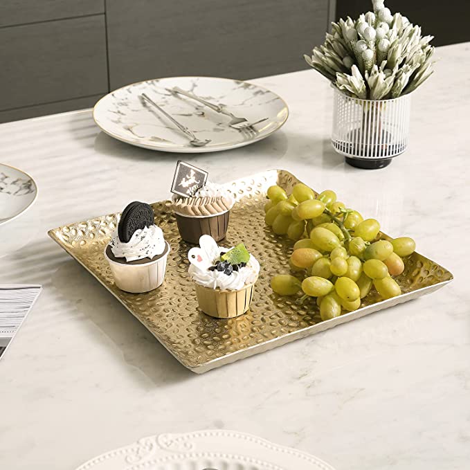 12-Inch Square Serving Tray, Metal Decorative Tray with Handcrafted Hammered Design