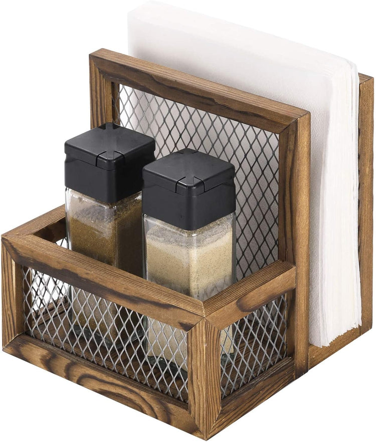 Rustic Burnt Wood Kitchen Tabletop Napkin Holder Rack, Salt & Pepper Shaker Storage