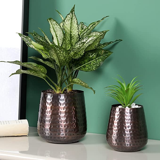 Succulent Planter with Handcrafted Hammered Design, Copper Metal Plant Pot, 2 Piece Set