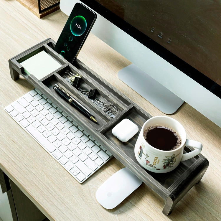 Weathered Gray Wood Over Keyboard Desk Organizer Tray with Phone Tablet Stand, Sticky Note and Pen Holder-MyGift