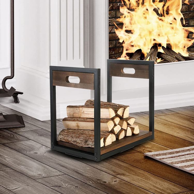 Indoor Firewood Rack with Handles, Burnt Brown Wood and Matte Black Metal Freestanding Fireplace Log Holder Storage-MyGift