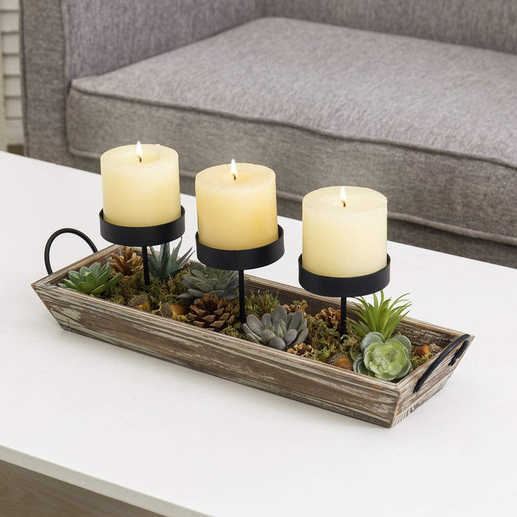 3 Metal Candle Holders with Torched Wood Tray and Artificial Succulent, Pine Cone Decorations-MyGift