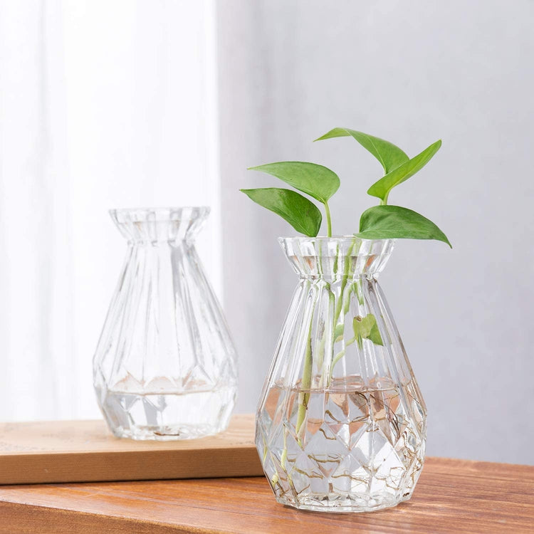 Set of 4 Small Diamond-Faceted Clear Glass Flower Vases-MyGift
