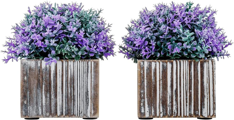 Set of 2, Artificial Verbena Officinalis Purple Flower Arrangement in Torched Wood Square Planters-MyGift