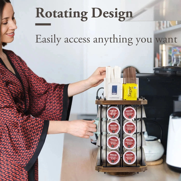 Rotating Coffee Pod Holder Burnt Wood and Black Metal Wire, Café Supplies Capsule Storage Rack Display Spinning Stand
