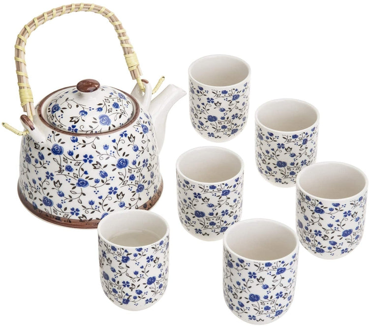 Blue Roses Japanese Tea Service Set with Teapot and Bamboo Top Handle, 1 Leaf Strainer and 6 Teacups-MyGift