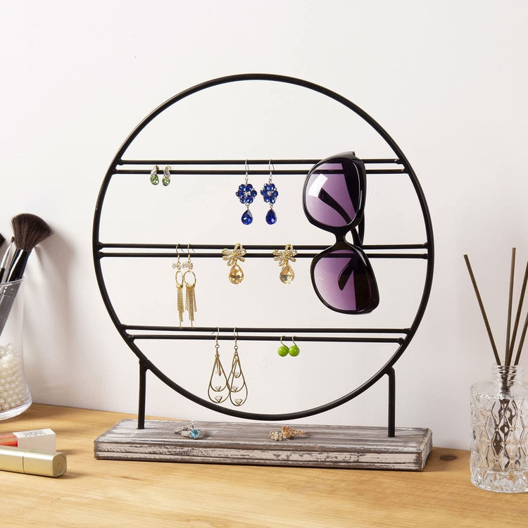 3-Tier Tabletop Earring Holder, Torched Wood and Matte Black Metal Circular Jewelry Hanger Stand
