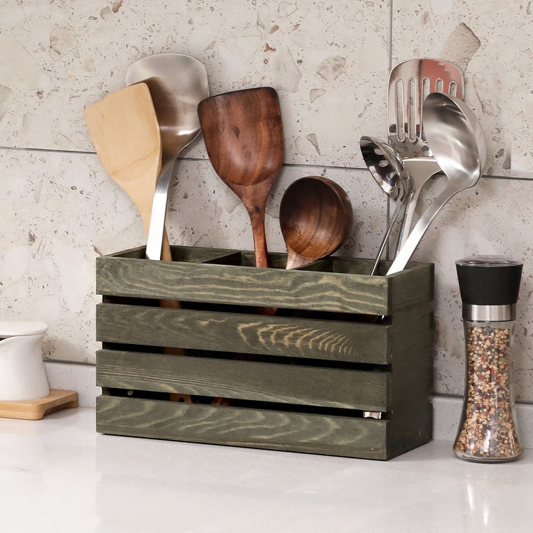 Gray Wood Wall Mounted or Countertop Utensil Holder, Kitchen Crock with 3 Compartments and Crate-Style Design