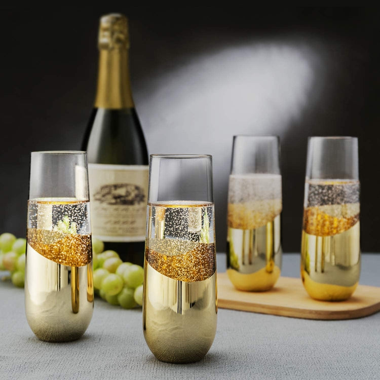 10 oz Brass-Plated Sparkling Wine Glass Modern Stemless Champagne Flutes, Set of 4
