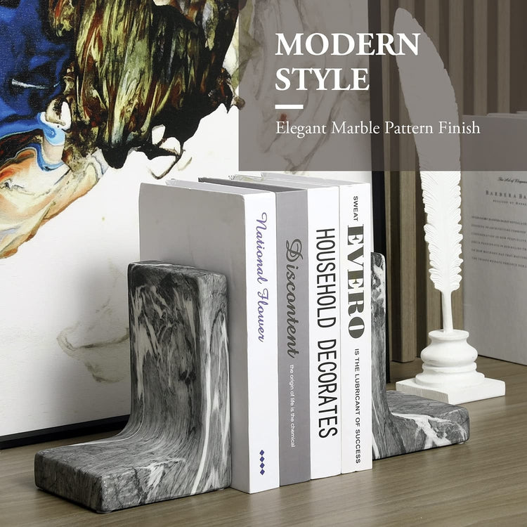 Elegant L-Shaped Black Marble with White Veining Style Ceramic Decorative Desktop Bookends, 2 Piece Set-MyGift