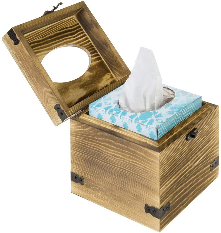 Burnt Brown Wood Square Facial Tissue Box Cover with Hinged Lid-MyGift