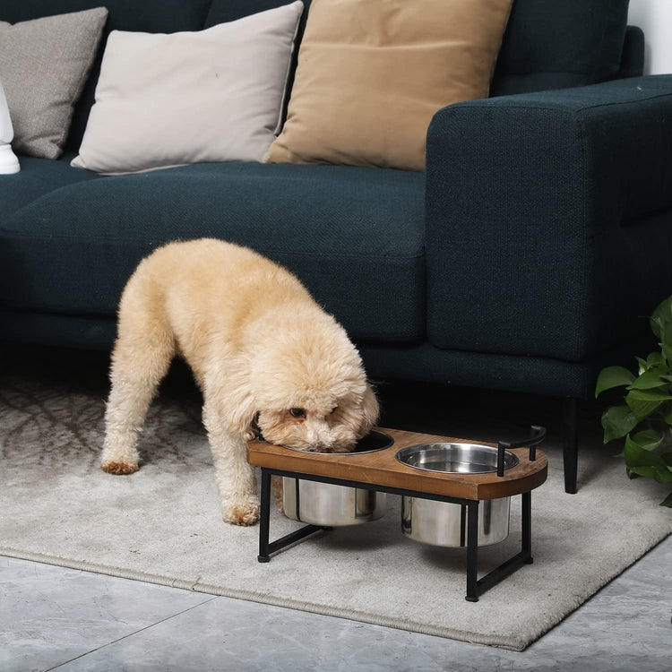 Rustic Burnt Wood and Industrial Black Metal Pet Feeder Tray with 2 Stainless Steel Bowls-MyGift