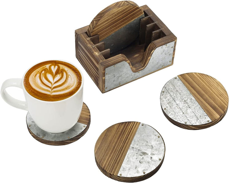 Set of 4, Burnt Wood and Galvanized Round Metal Rustic Farmhouse Coaster with Holder-MyGift