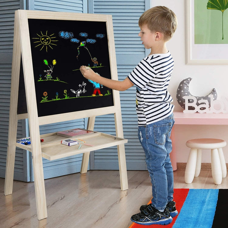 Beige, Double-Sided Chalkboard & Whiteboard Combo Children's Freestanding Wood Easel