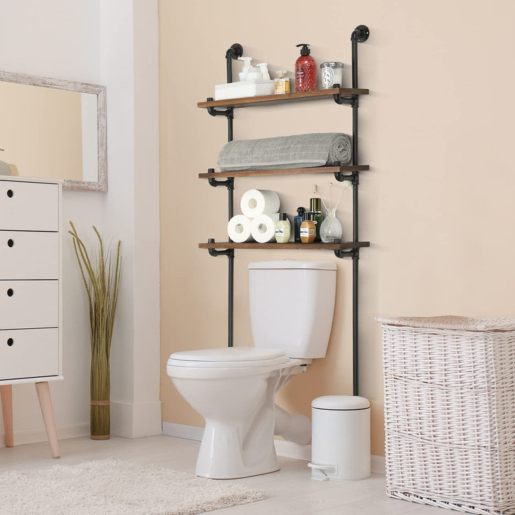 Rustic Industrial Pipe and Burnt Wood 3 Tier Over-the-Toilet Wall Storage Shelf Rack-MyGift