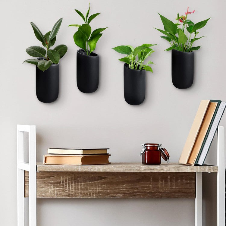 planter pots black Wall Mounted Black Ceramic Plant Containers, Vertical Hanging Flower Vases, Set of 4