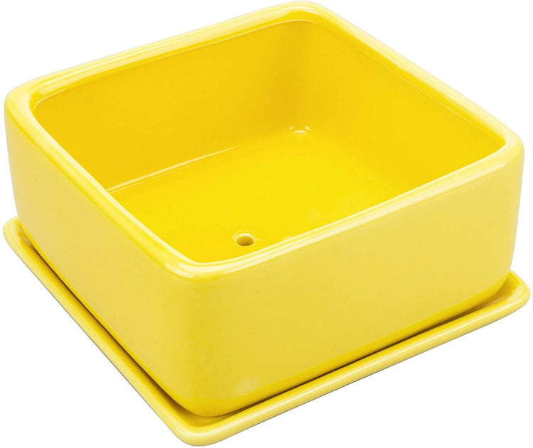 Yellow Ceramic Square Succulent Planter with Removable Drainage Tray-MyGift