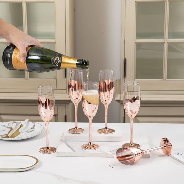 Stemmed Champagne Flute Glasses in Rose Gold-Tone Finish, Set of 6