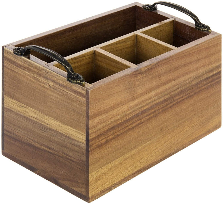 Acacia Brown Wood Dining Utensil & Napkin Holder, Serving Caddy with Metal Handles-MyGift