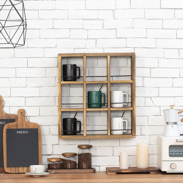 Wall Mounted Coffee Mug Display Rack, Rustic Burnt Wood Collectible Travel Mug Cup Holder Shadow Box Shelf